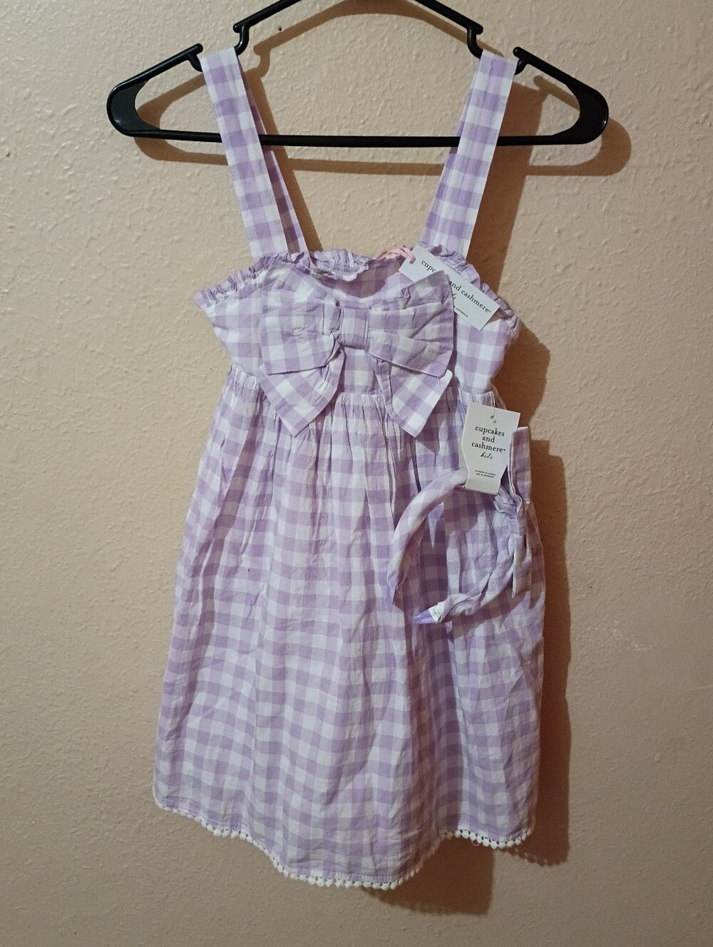 NWTGirls Cupcakes & Cashmere Size 7 Lilac Gingham Bow-Front Dress With Headband
